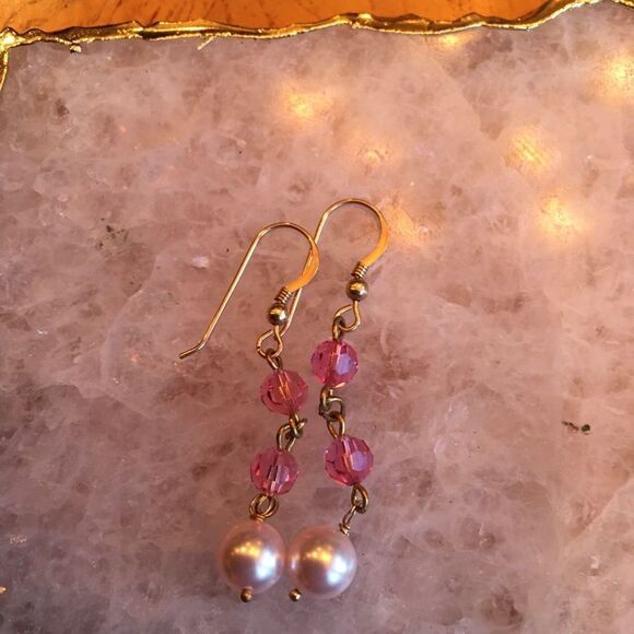 PINK & Pearl Drop Earrings by Dallas Designer - Picture 3 of 8